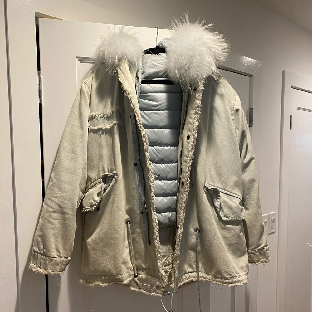 Denim/light blue jacket with puffer insert and removable fur trim hood